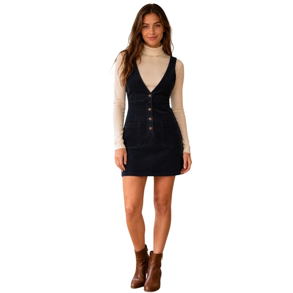 Free People Navy Blue Corduroy V-Neck Button Front Pinafore Jumper Dress